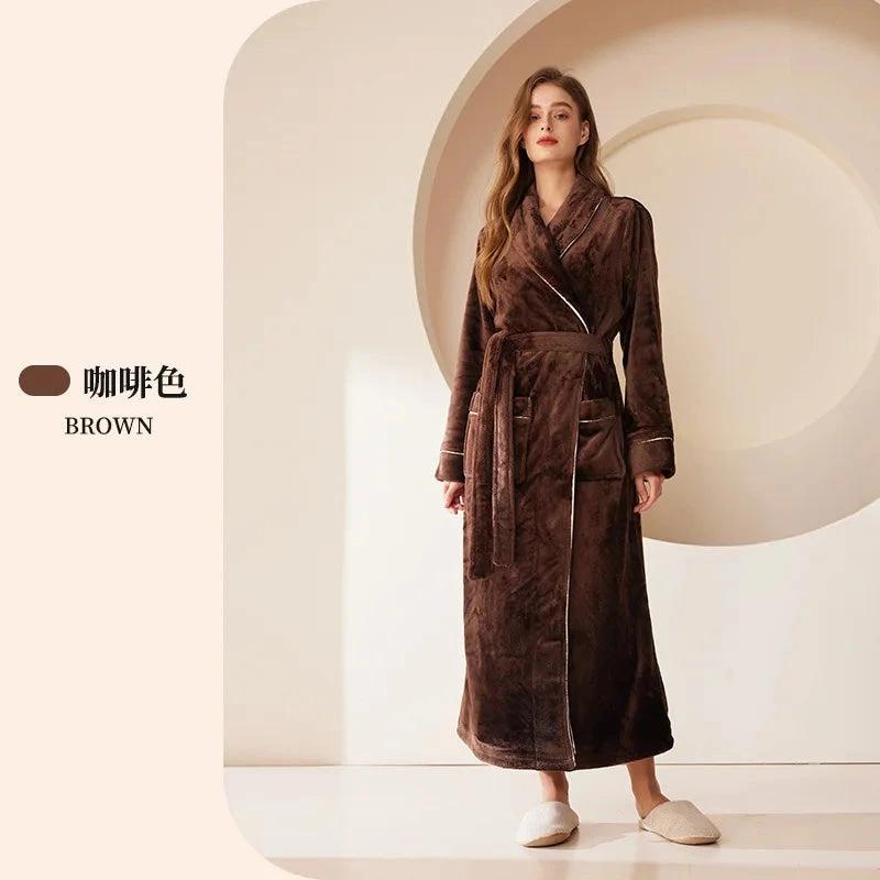 Robe de chambre longue en flanelle marron - Femme