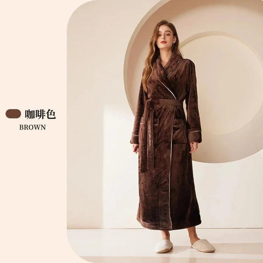 Robe de chambre longue en flanelle marron - Femme