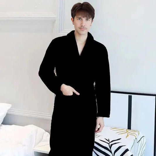 Men Adjustable Belt Bathrobe Black L