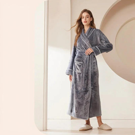 Robe de chambre longue en flanelle gris élégant - Femme