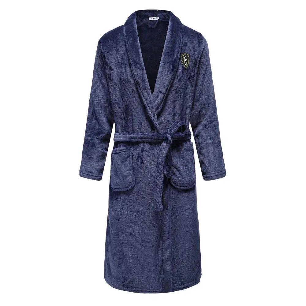 Plus Size Thick Flannel Men Robe Kimono Bathrobe Gown Coral Fleece Sleepwear Home Clothes Autumn Winter Nightwear Lounge Wear - Men Navy Blue 5