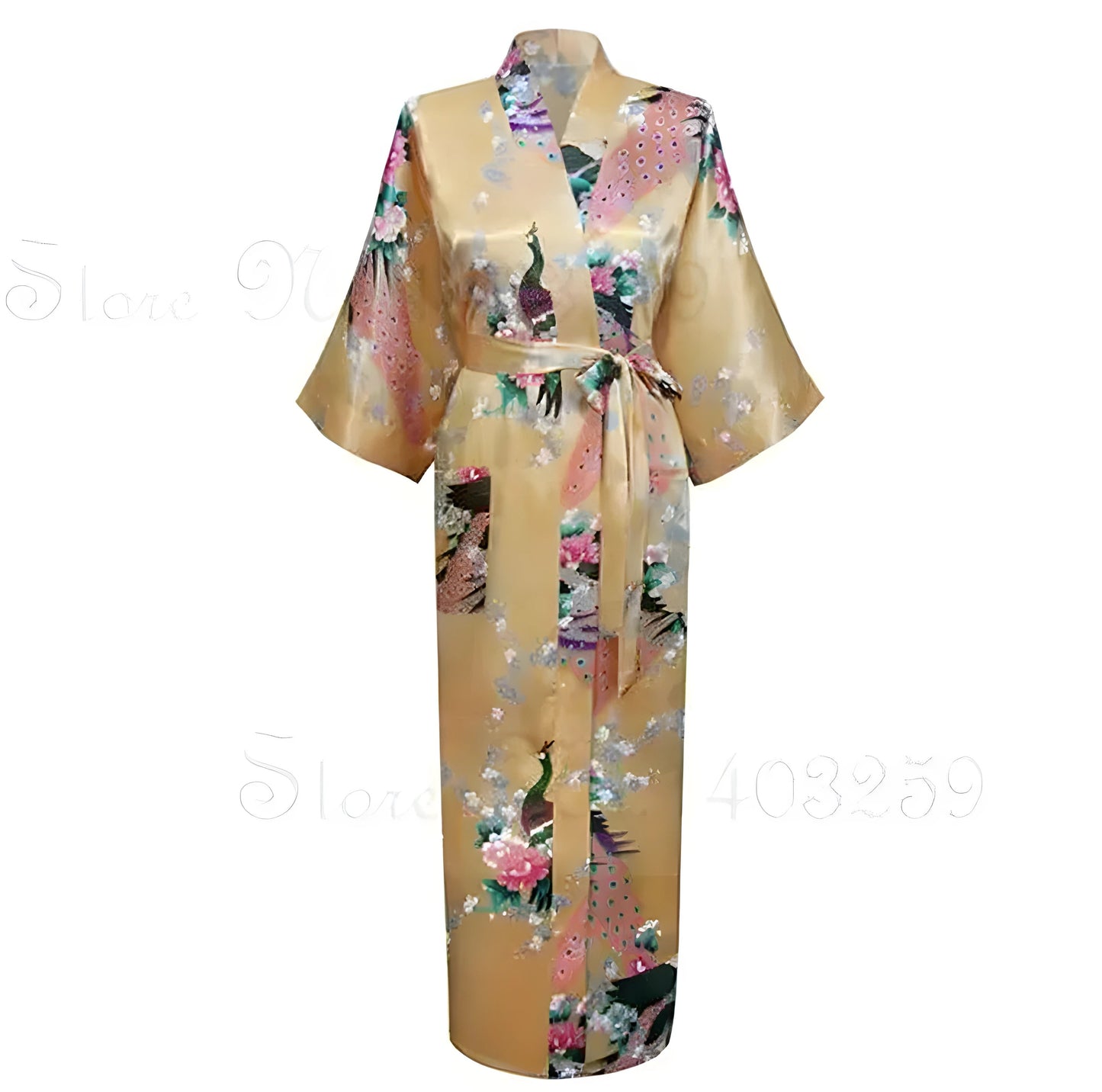 Robe kimono longue en satin pour femme avec poches - Motif paon doré