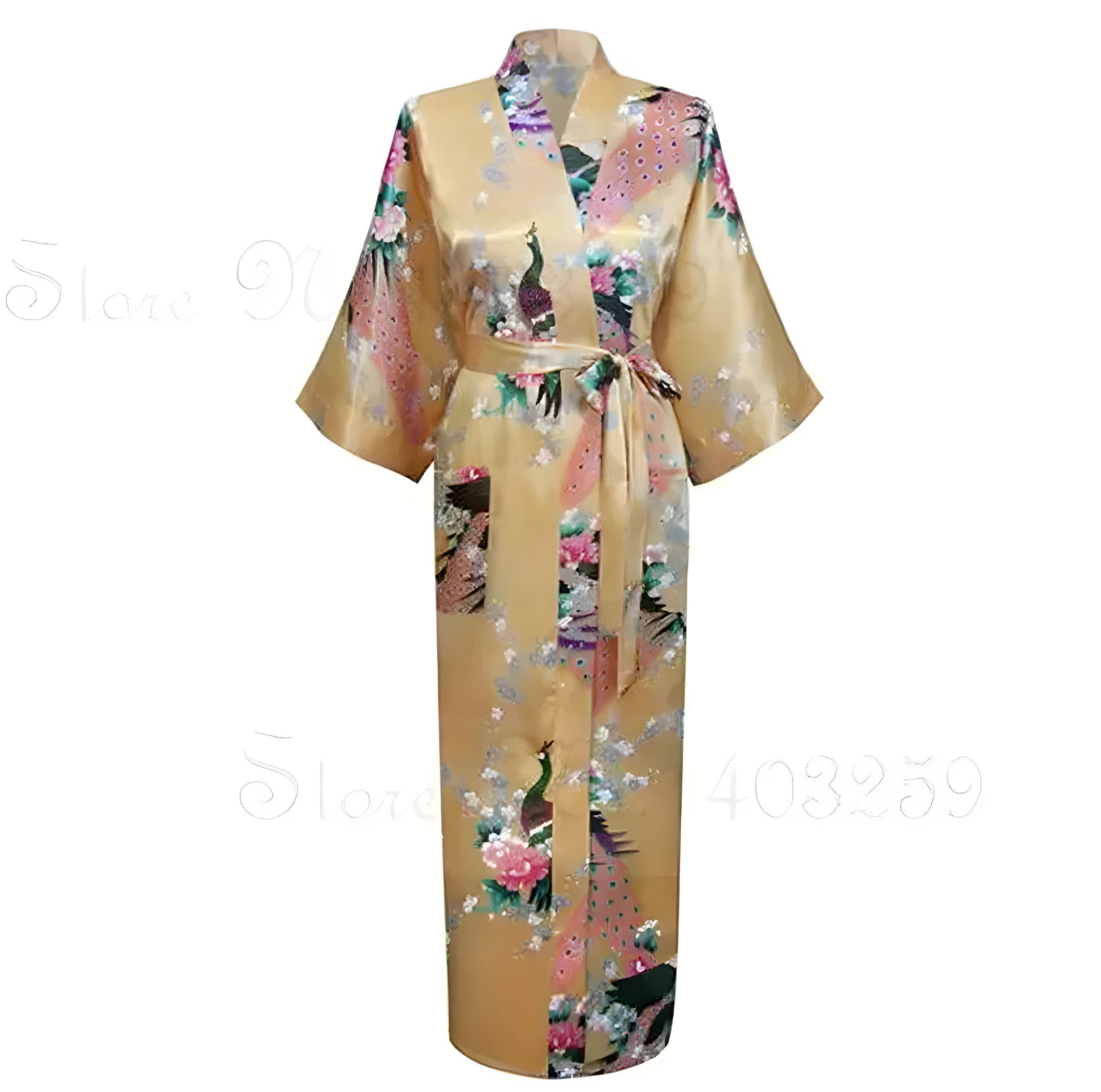 Robe kimono longue en satin pour femme avec poches - Motif paon doré