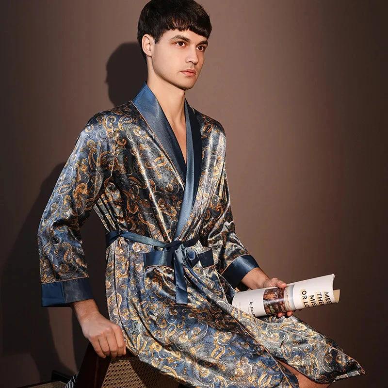 Robe d'intérieur en soie glacée pour homme - Motifs Paisley Bleu et Doré