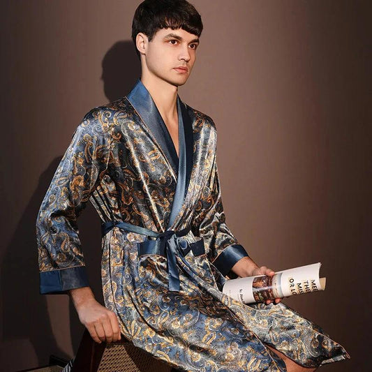 Robe d'intérieur en soie glacée pour homme - Motifs Paisley Bleu et Doré