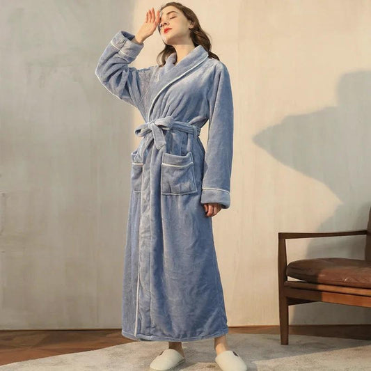 Robe de chambre longue en flanelle bleu marine - Femme