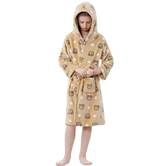 Toddler Boys Bathrobe Girl Sleepwear Winter Flannel Hooded Bath Towel Teen Bear