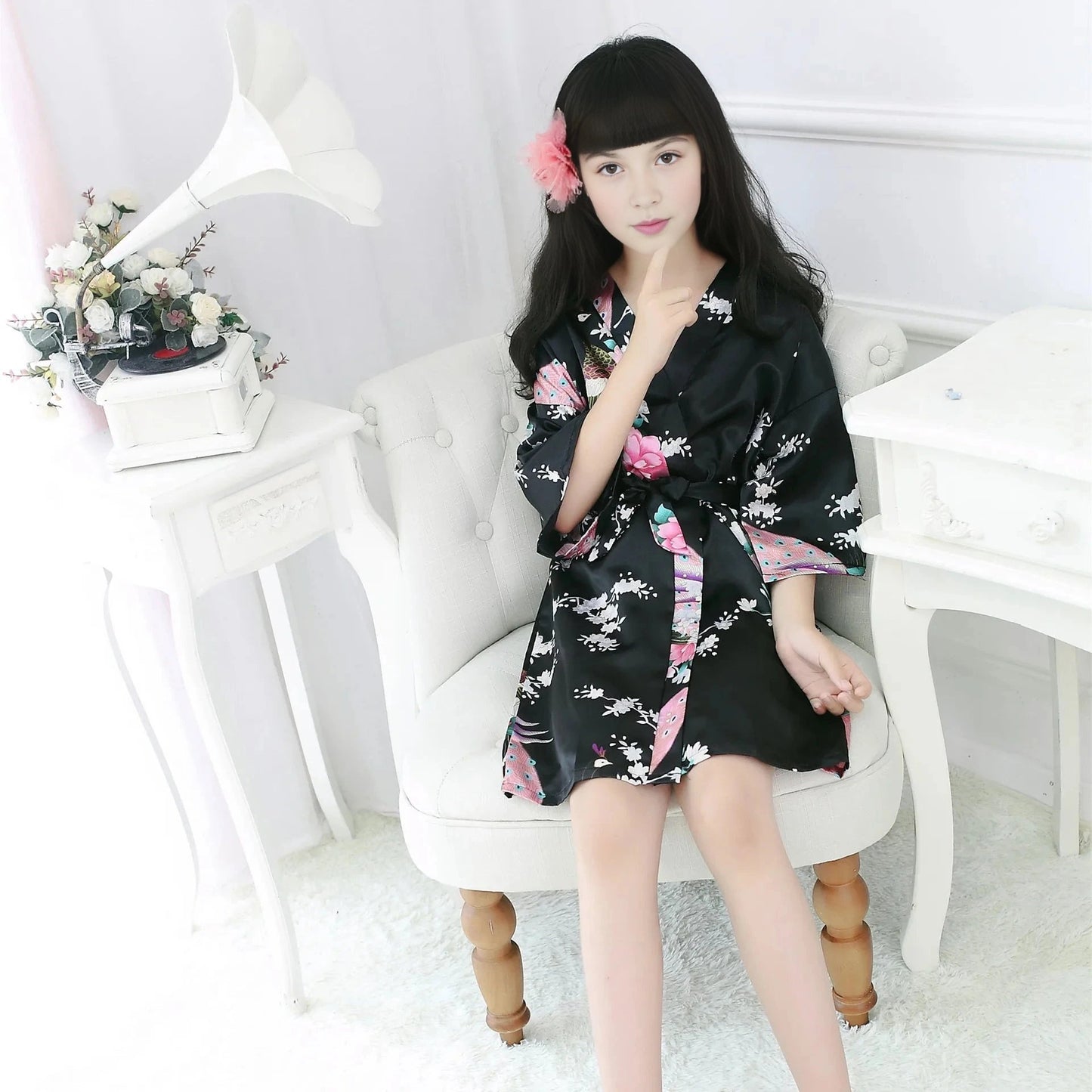 Kids Satin Floral Robe - Black