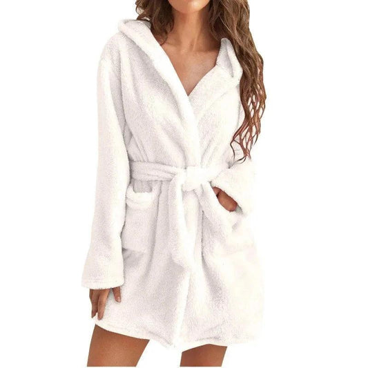 New Women Sleeping Robe "WHITE" Thickened Winter Home Bathrobe Ladies Casual Hooded with Pockets Warm Simple Padded Pajamas