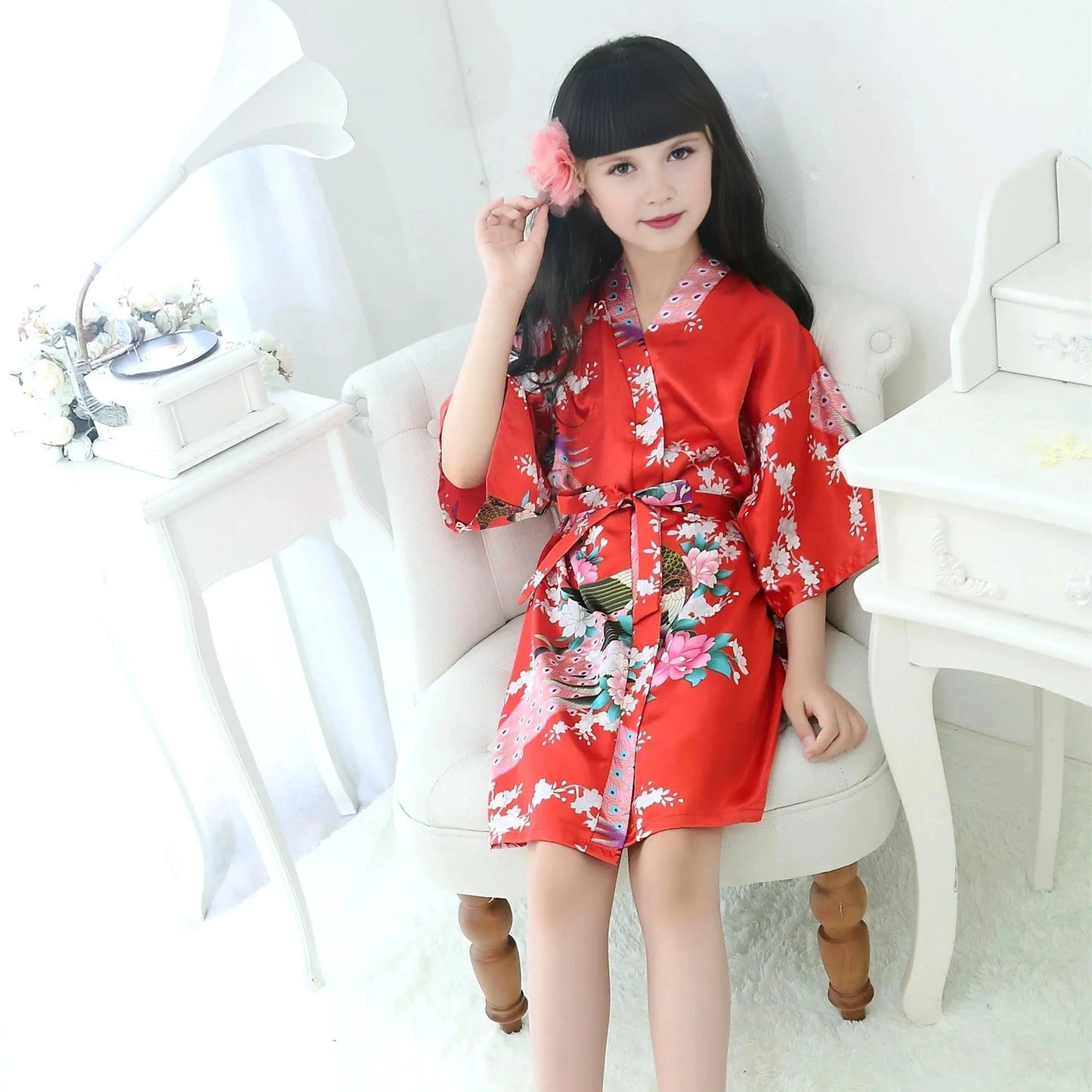 Kids Satin Floral Robe - Red