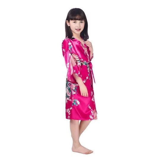 Kids Satin Floral Kimono Robe Rose Red