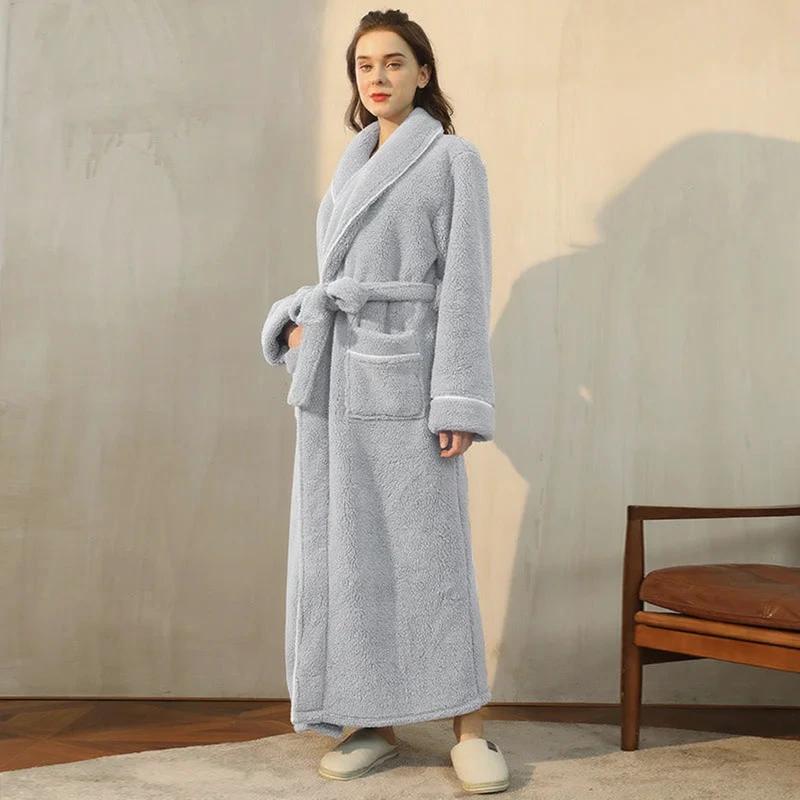 Women's Silver Gray Plush Long Fleece Bathrobe