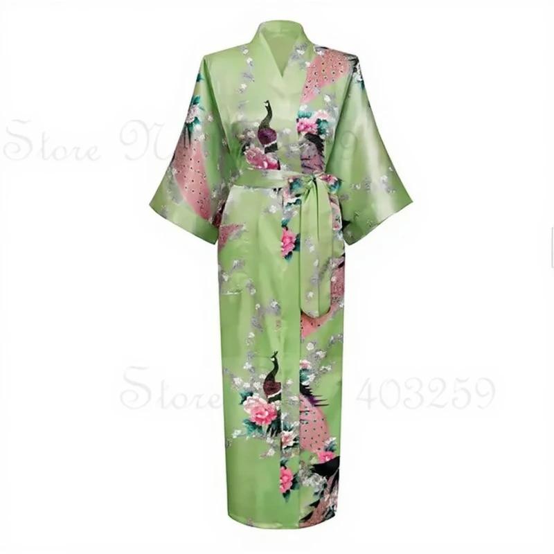 Robe kimono longue en satin pour femme avec poches - Motif paon vert clair