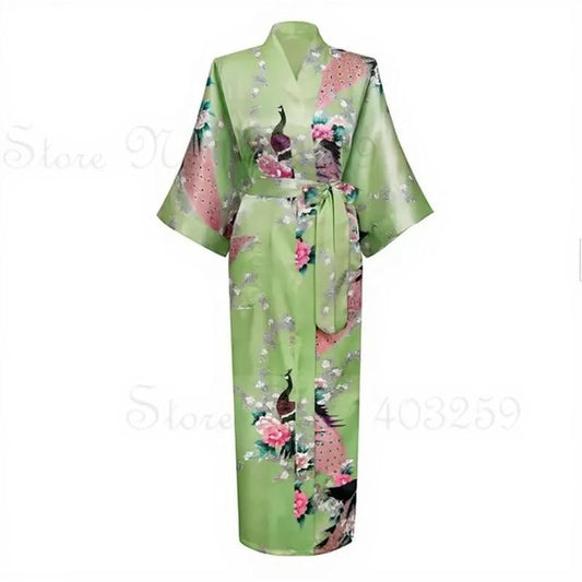 Robe kimono longue en satin pour femme avec poches - Motif paon vert clair