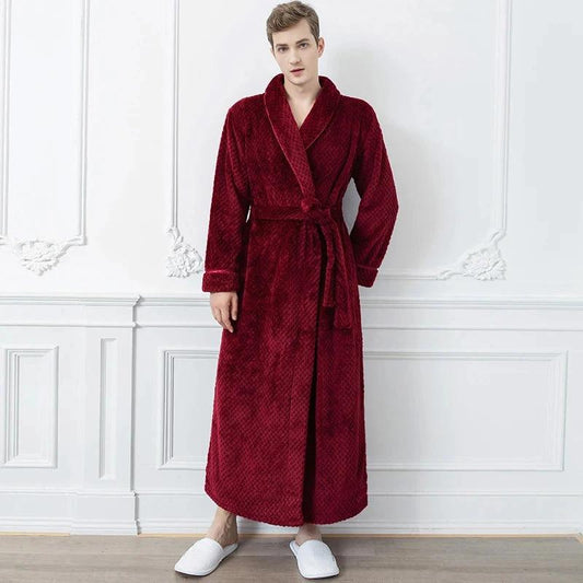Men's Extra Long Thermal Jacquard Flannel Bathrobe with Belt - Wine