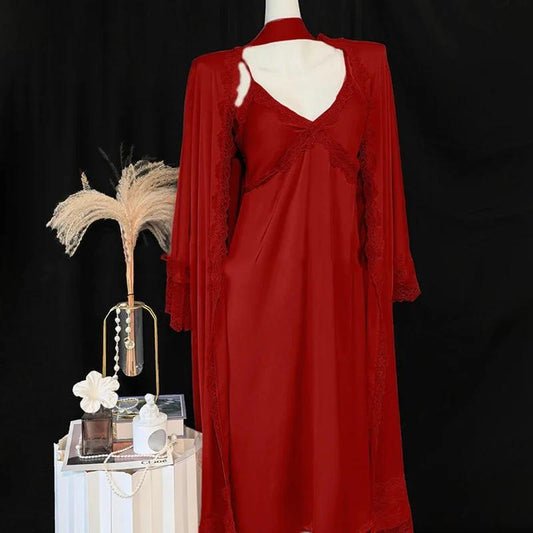 Nightgown Dress with Robe - Burgundy Long A