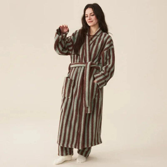 Women's Coral Velvet Striped Robe Set (Brown/Mint)