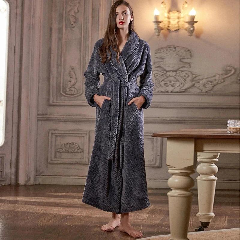Women's Extra Long Thermal Jacquard Flannel Bathrobe with Belt - Grey