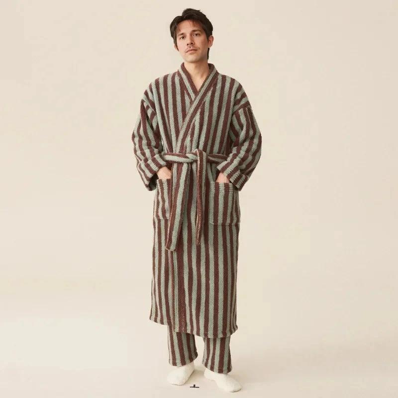 Men's Coral Velvet Striped Robe Set (Brown/Mint)