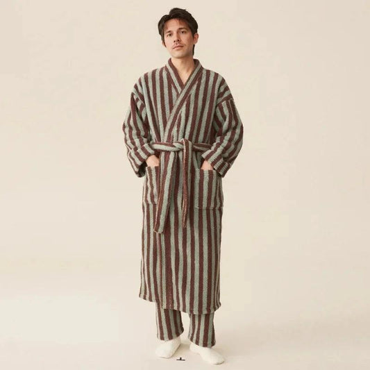 Men's Coral Velvet Striped Robe Set (Brown/Mint)