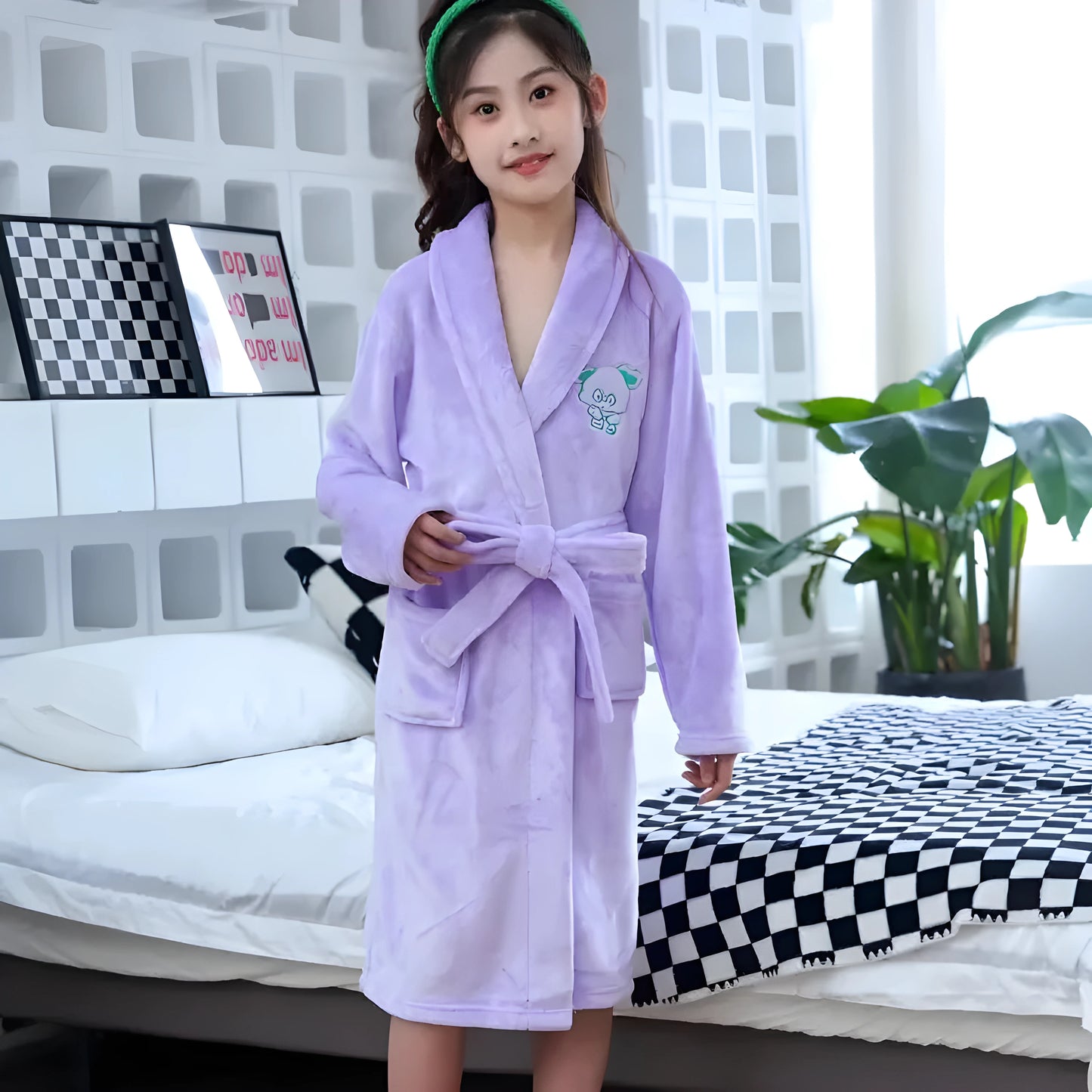 Peignoir Polaire Violet Clair Enfant Broderie Animal