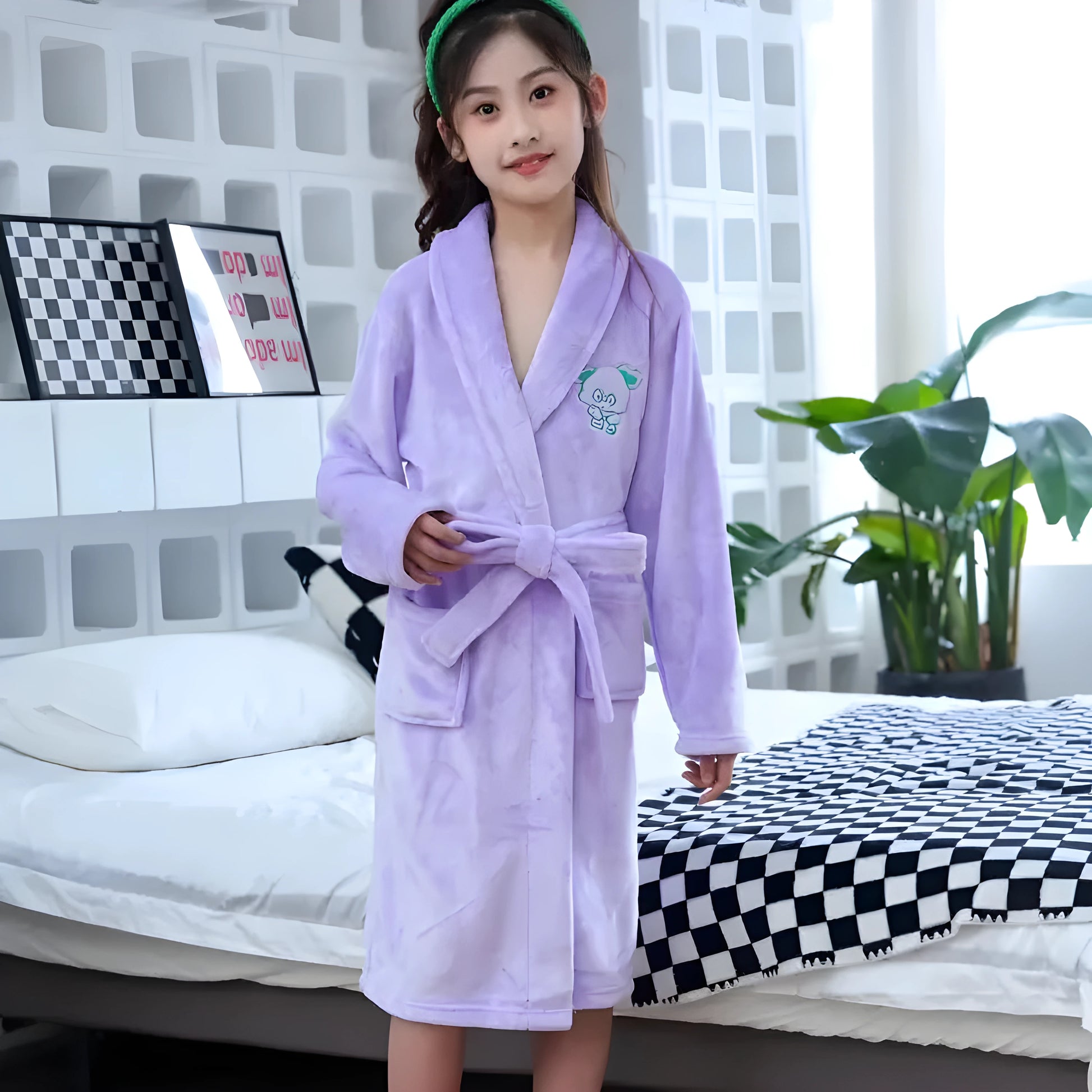 Peignoir Polaire Violet Clair Enfant Broderie Animal