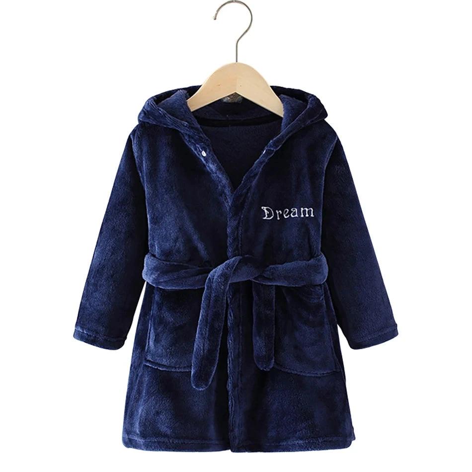 Children Hooded Fleece Bath Robe - Navy Blue with 'Dream' Embroidery
