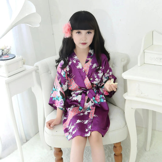 Kids Satin Floral Robe - Purple