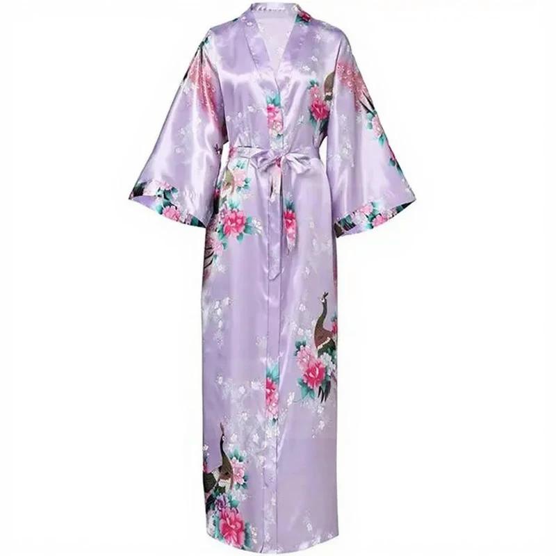 Robe kimono longue en satin pour femme avec poches - Motif paon lavande