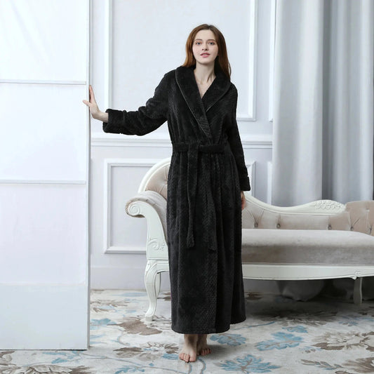 Women's Extra Long Thermal Jacquard Flannel Bathrobe with Belt - Black