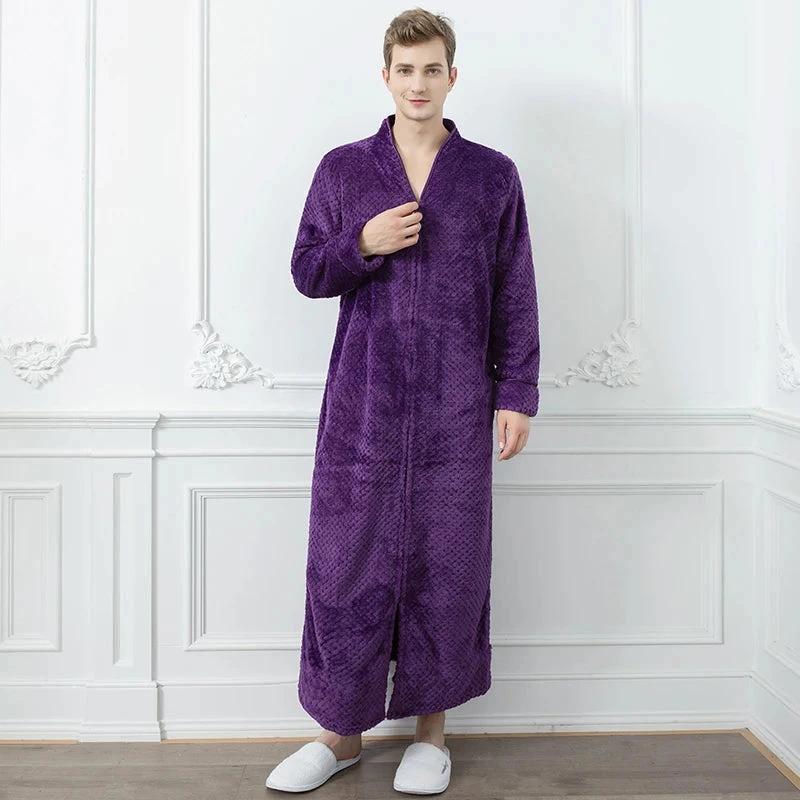 Men's Extra Long Thermal Jacquard Flannel Bathrobe with Zipper - Purple