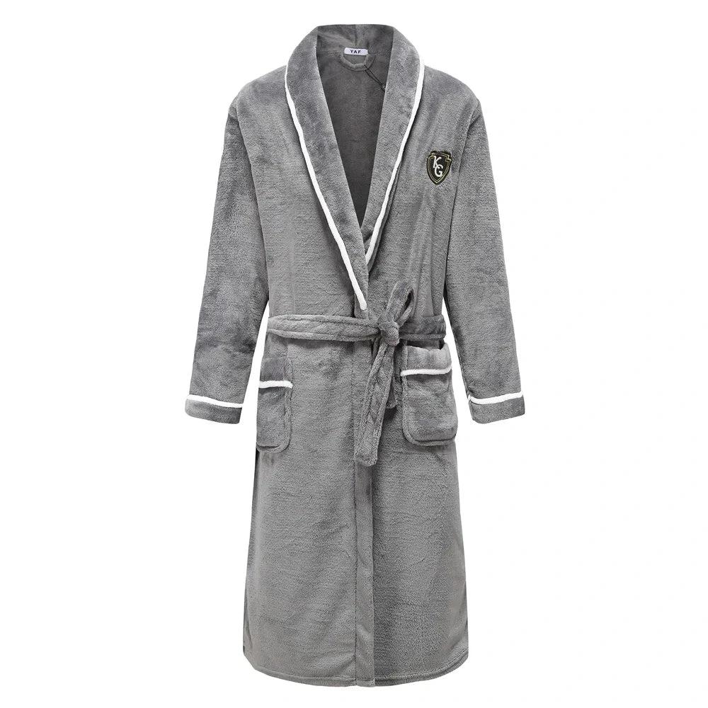 Autumn Winter Thick Flannel Men Robe Kimono Bathrobe Gown Coral Fleece Sleepwear Home Clothes Plus Size Nightwear Lounge Wear - Men Gray 2