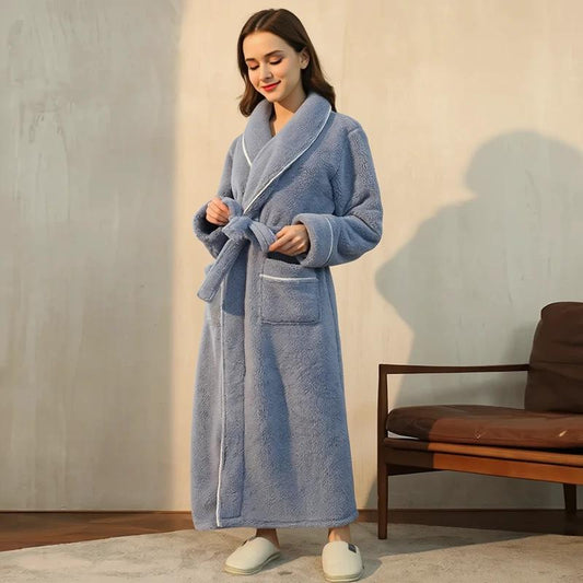Women's Blue Plush Long Fleece Bathrobe