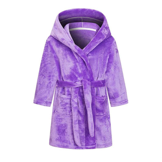 Robe de chambre à capuche douce en flanelle unie violette pour enfants (Style 21)