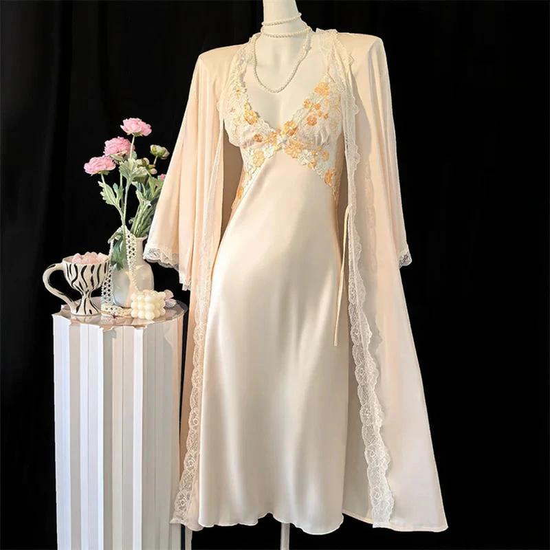 Nightgown Dress with Robe - Beige Long C