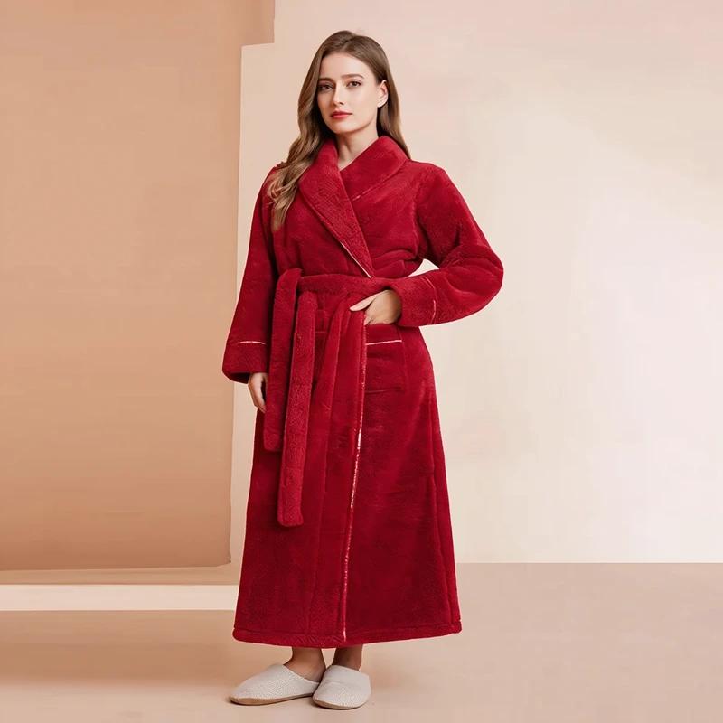 Women's Red Plush Long Fleece Bathrobe