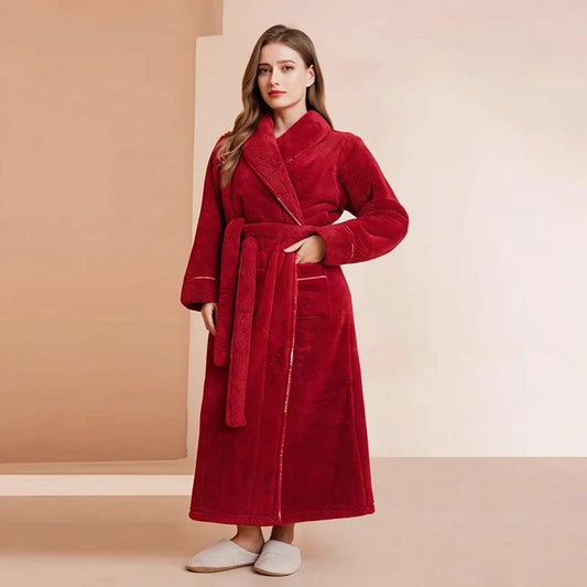 Women's Red Plush Long Fleece Bathrobe