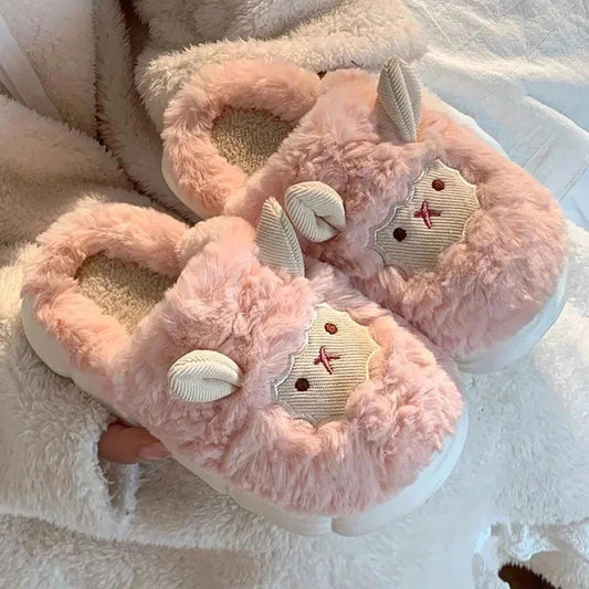 Winter Cartoon Plush Slippers Warm Fluffy Faux Fur Sheep Design Indoor Home Cotton Slippers - Pink