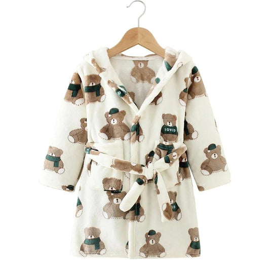 Children Hooded Fleece Bath Robe - White with Teddy Bear Pattern