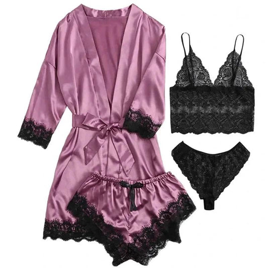 4 Pieces Woman Sleepwear Pajamas Ser With Robe Sexy Lace Lingerie Bathrobe Silk Satin Home Clothed Nightwear Robe - Violet