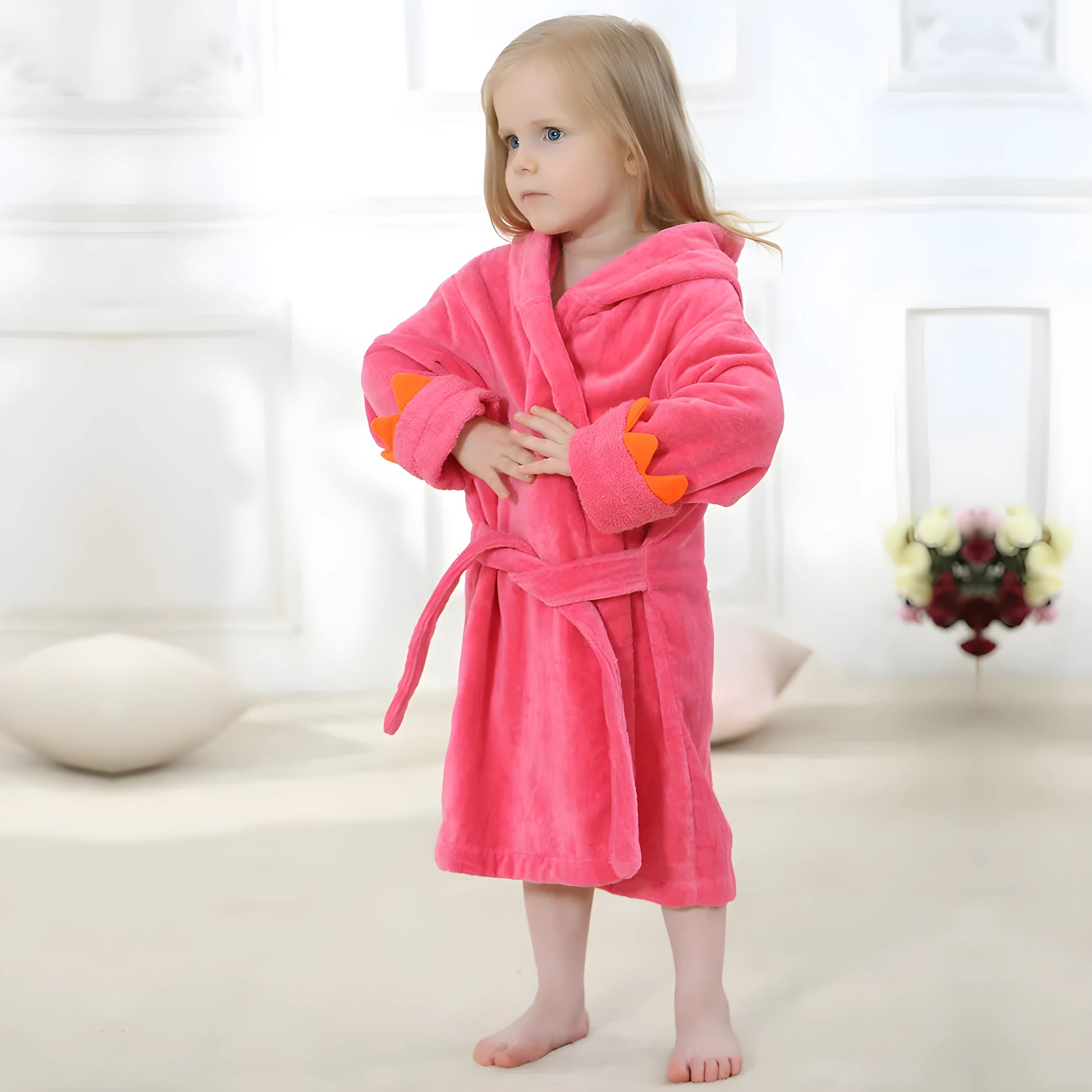 Children's Bathrobe Hooded Dragon Paw Design Pink L/S