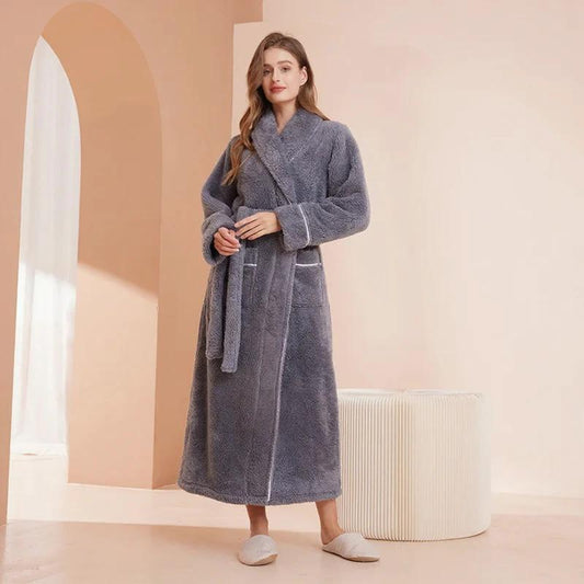 Women's Dark Gray Plush Long Fleece Bathrobe