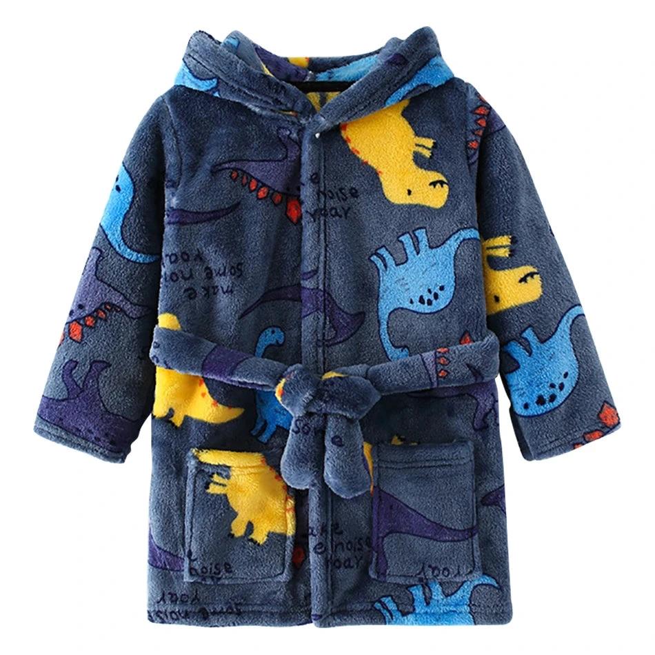 Children Hooded Fleece Bath Robe - Dark Blue/Grey with Dinosaur Pattern