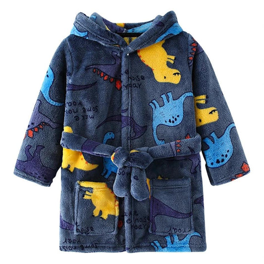 Children Hooded Fleece Bath Robe - Dark Blue/Grey with Dinosaur Pattern