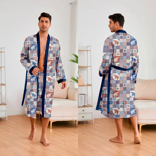 Peignoir Homme Satin Style Éléphants Patchwork