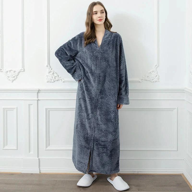 Women's Extra Long Thermal Jacquard Flannel Bathrobe with Zipper - Grey
