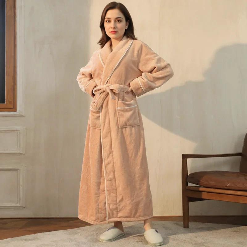 Robe de chambre longue en flanelle amande - Femme