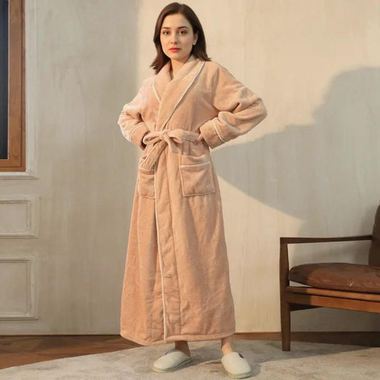 Robe de chambre longue en flanelle amande - Femme