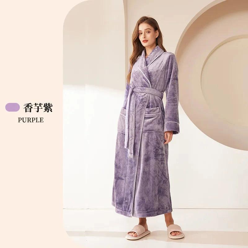 Robe de chambre longue en flanelle violet taro - Femme
