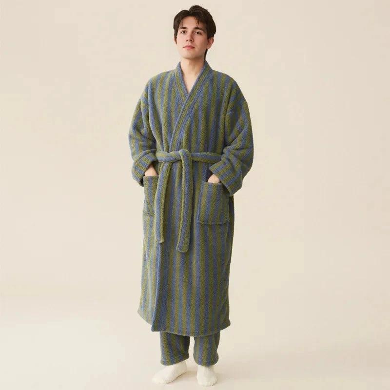Men's Coral Velvet Striped Robe Set (Blue/Green)